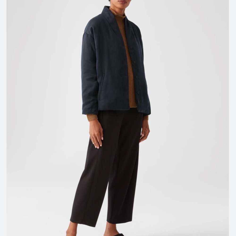 Eileen Fisher Cupro Padded Coat Size L Women Minimalist Color Black High Collar